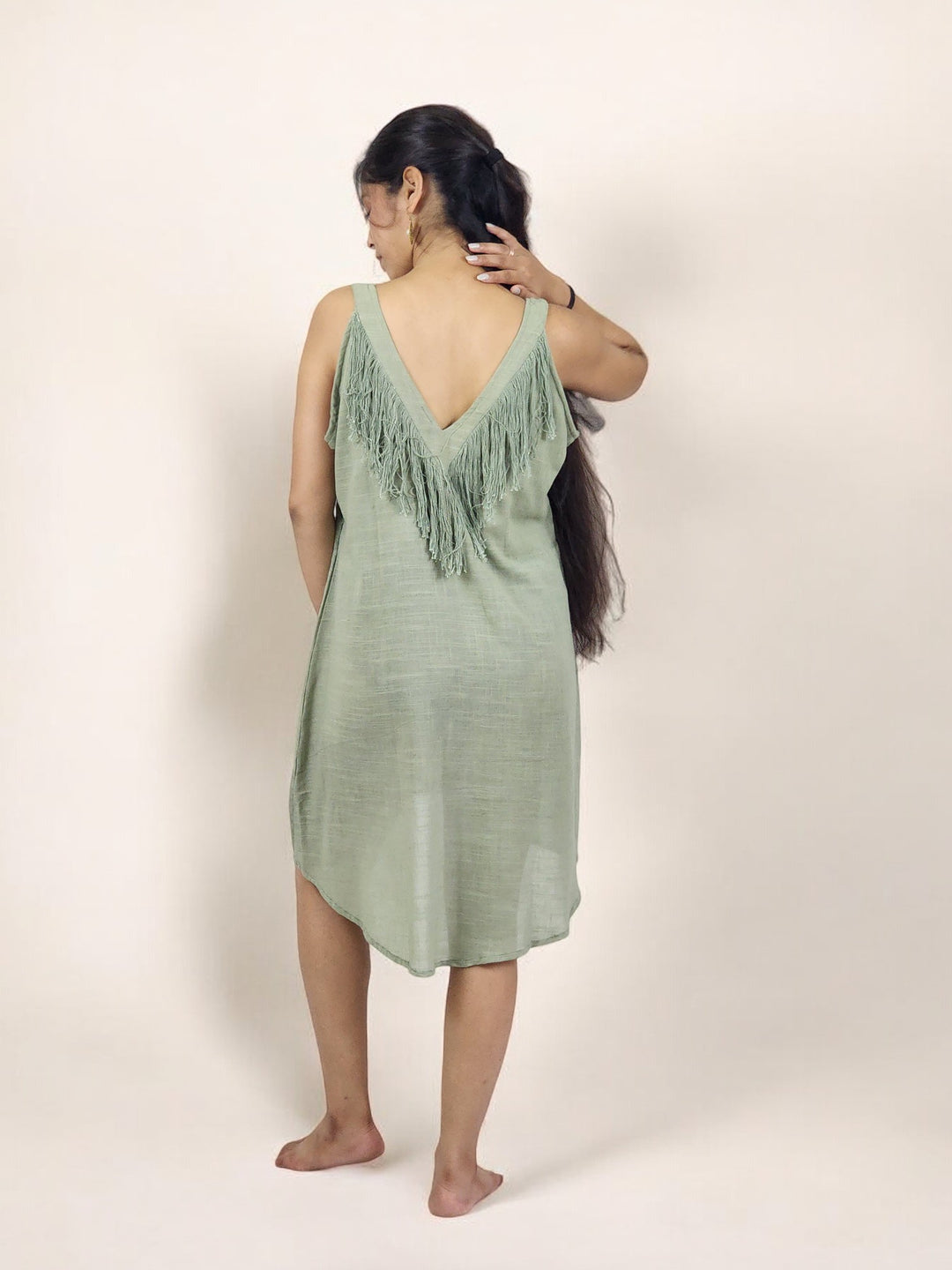 Green Sage Organic Linen Mini Dress with Fringe