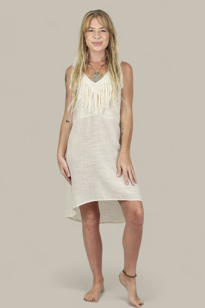 Cream Organic Linen Mini Dress with Fringe