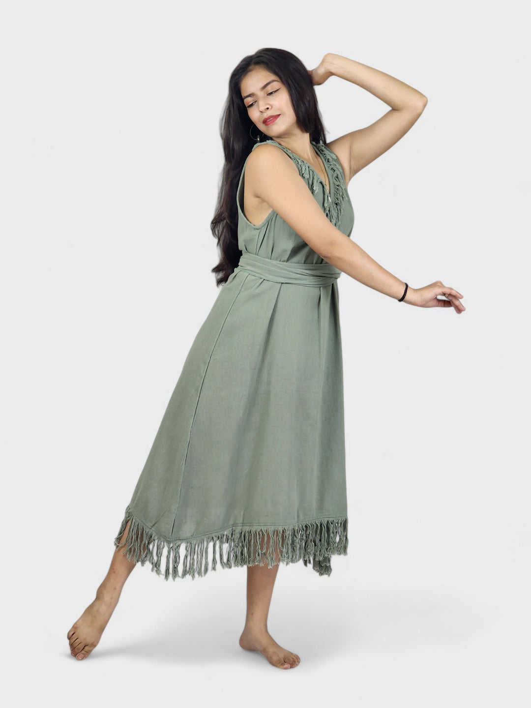 Organic Cotton Sage Fringe Dress (Open Back)