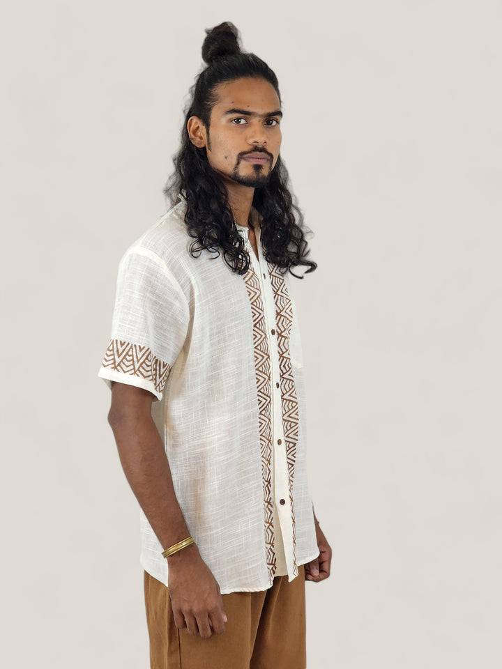 Men's White Organic Linen Short Sleeve Block-Printed Button-Down Shirt