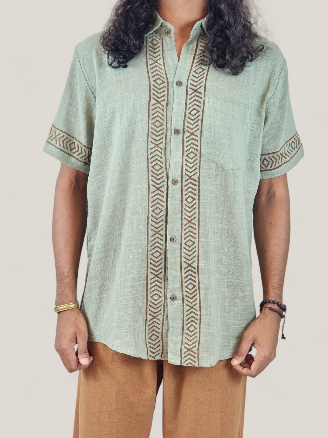 Men's Sage Organic Linen Short Sleeve Block-Printed Button-Down Shirt