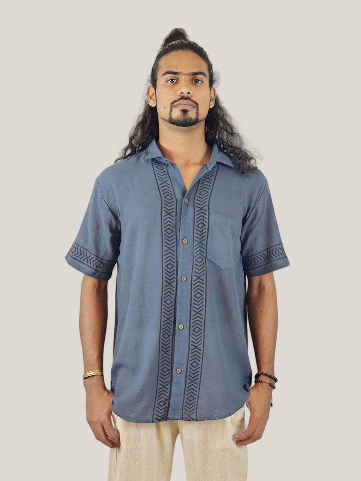 Men's Denim Blue Organic Linen Short Sleeve Block-Printed Button-Down Shirt