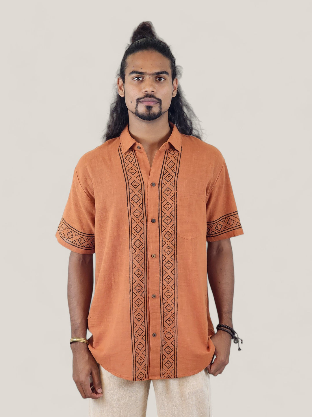 Men's Orange Organic Linen Short Sleeve Block-Printed Button-Down Shirt