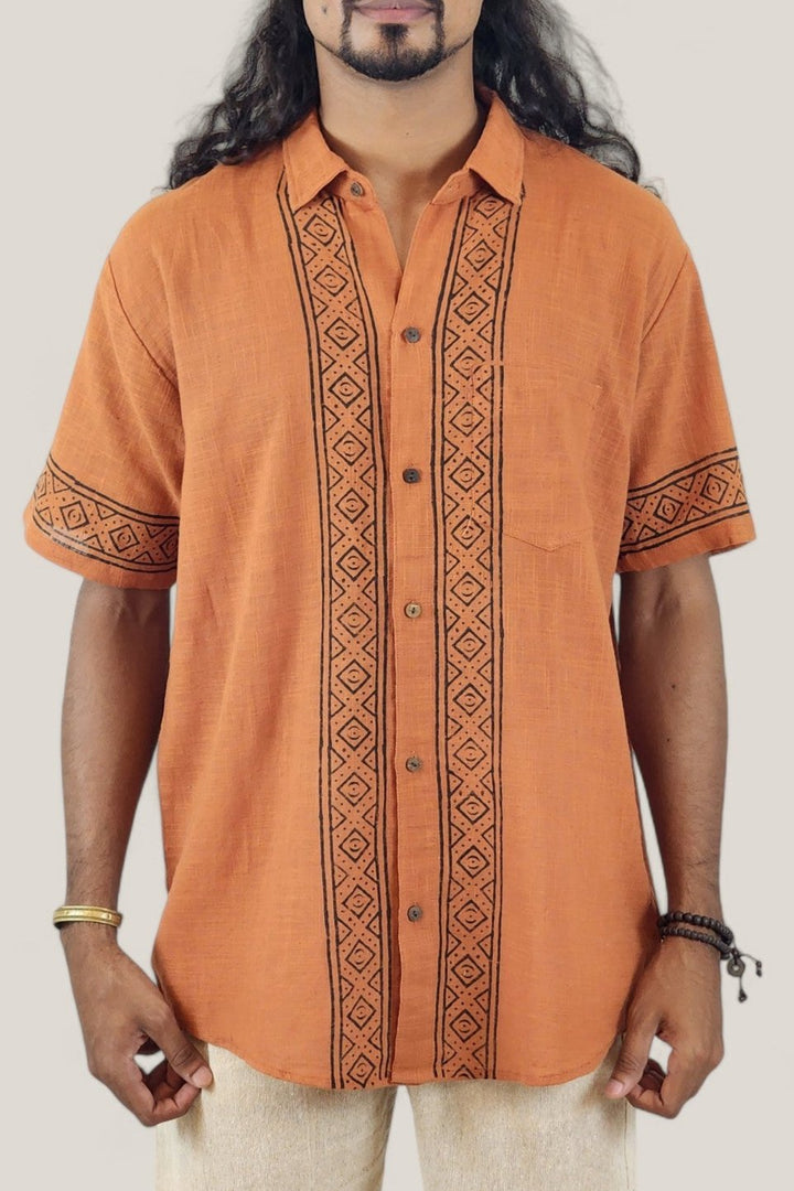 Men's Orange Organic Linen Short Sleeve Block-Printed Button-Down Shirt