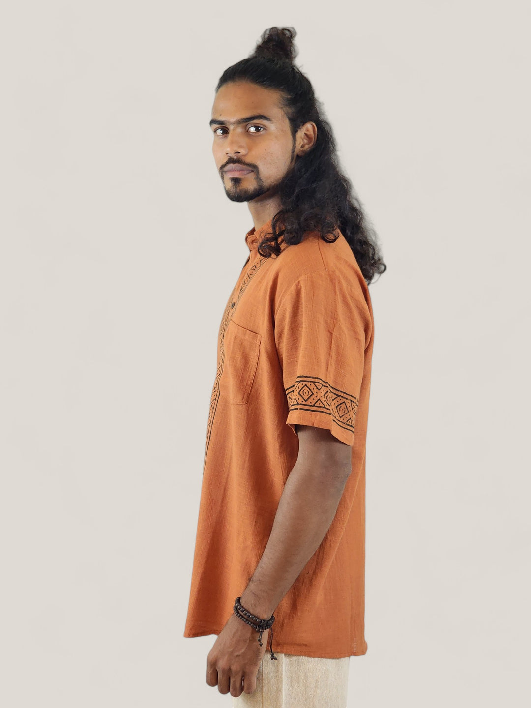 Men's Orange Organic Linen Short Sleeve Block-Printed Button-Down Shirt