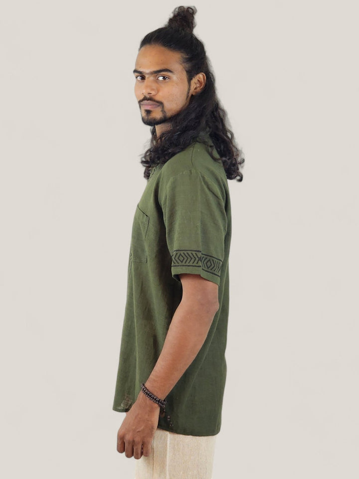 Men's Green Organic Linen Short Sleeve Block-Printed Button-Down Shirt