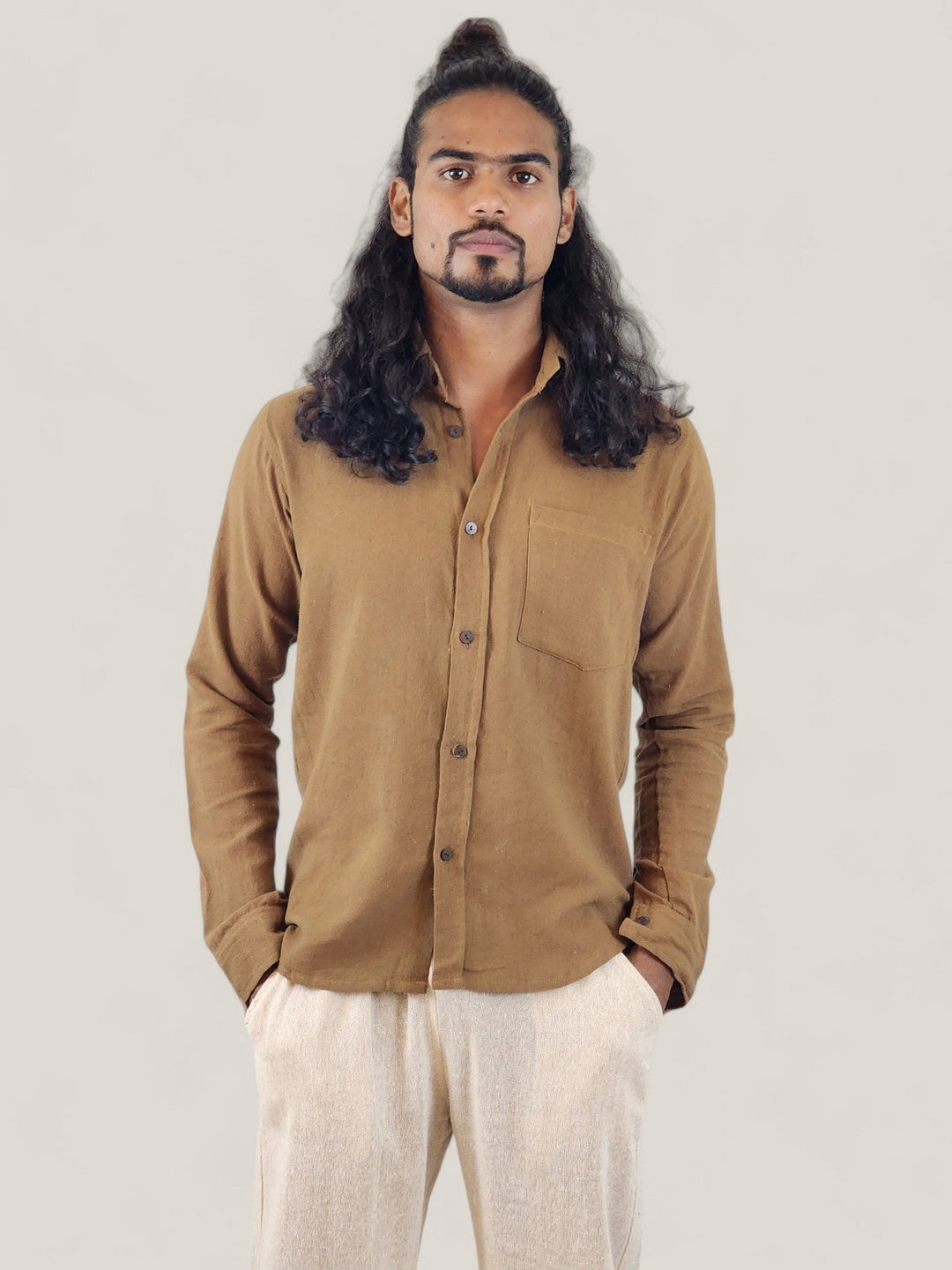 Men's Khaki Brown Organic Cotton Long Sleeve Button Down