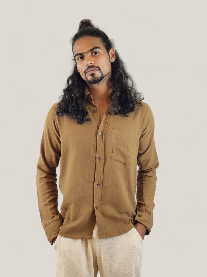 Men's Khaki Brown Organic Cotton Long Sleeve Button Down