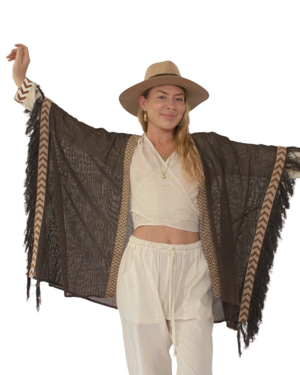 Cacao Mesh Open Poncho with Fringe
