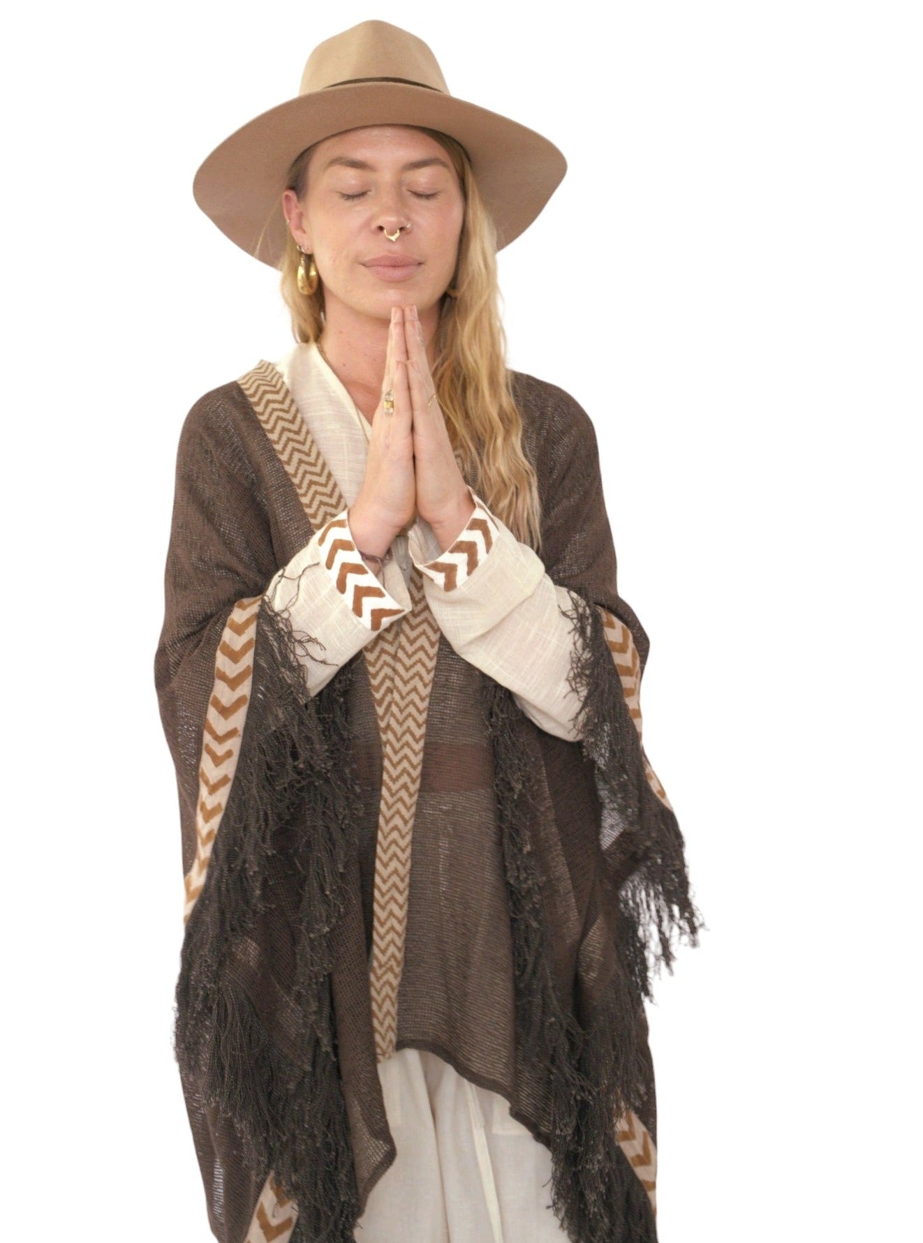 Cacao Mesh Open Poncho with Fringe