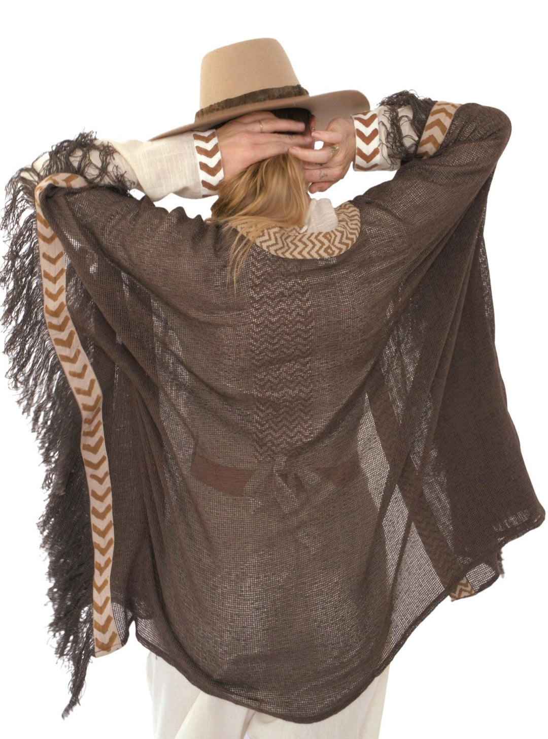 Cacao Mesh Open Poncho with Fringe