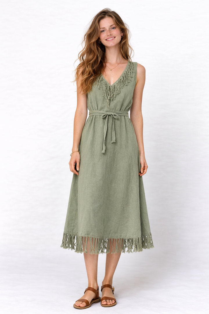 Organic Cotton Fringe Dress (Sage)