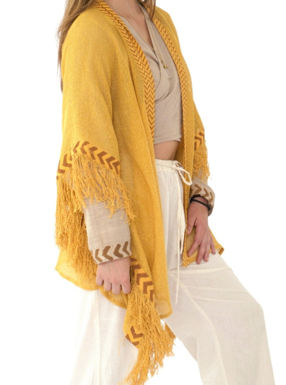 Turmeric Mesh Open Poncho with Fringe
