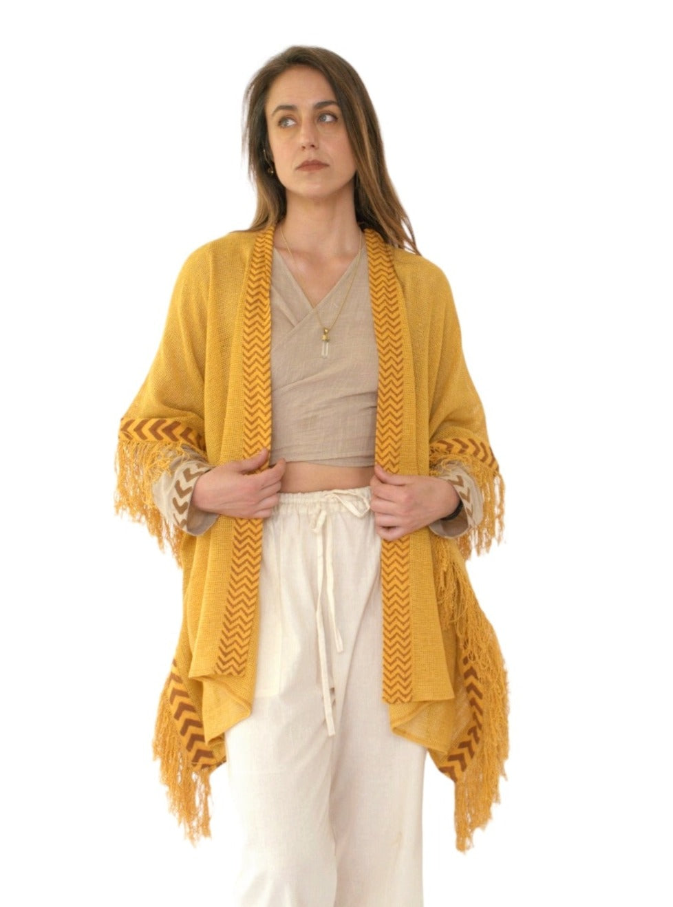 Turmeric Mesh Open Poncho with Fringe