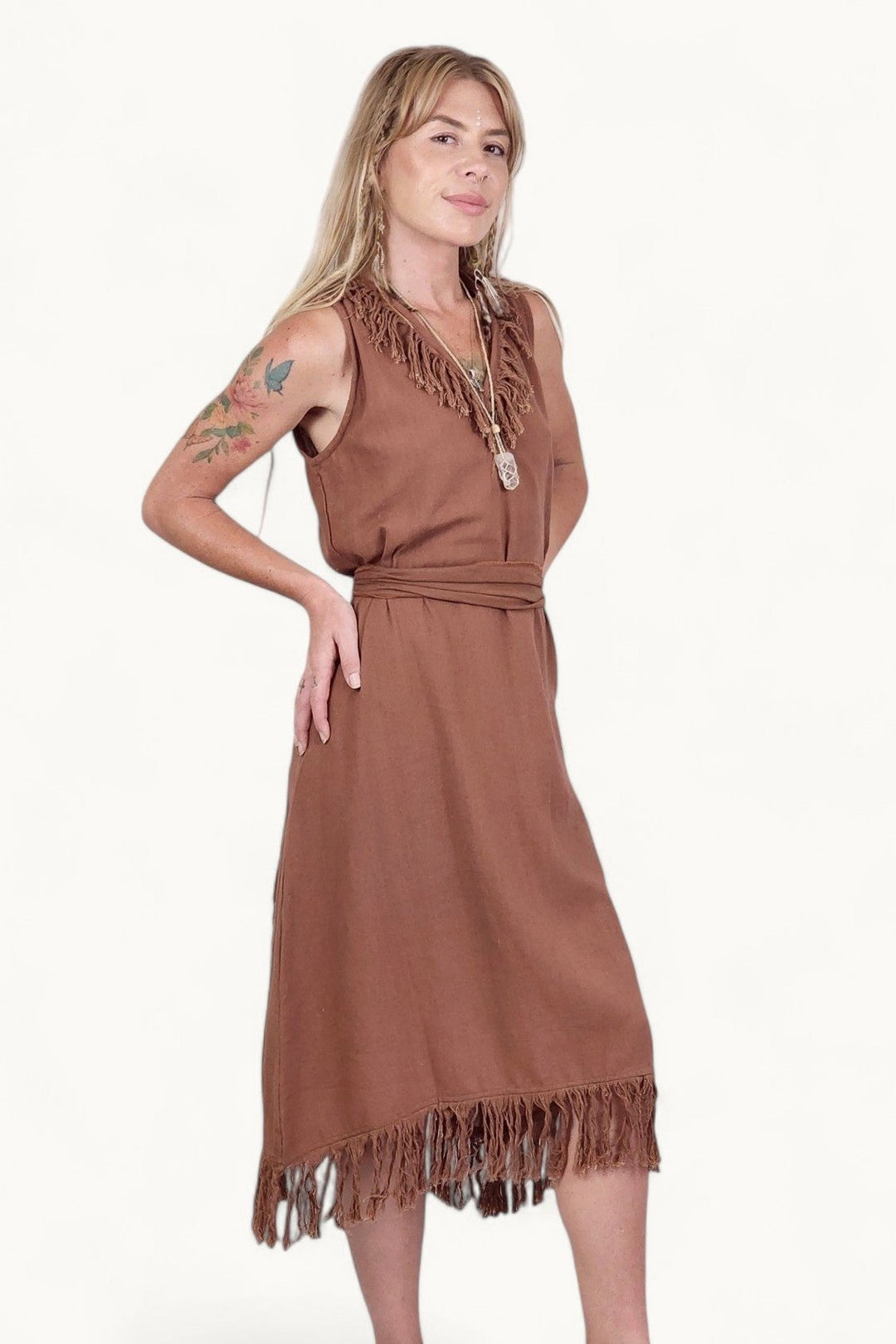 Organic Cotton Terracotta Fringe Dress (Open Back)