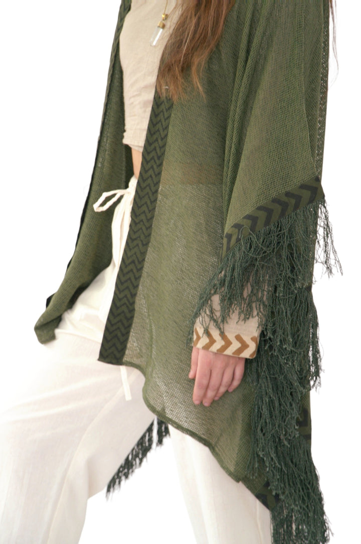 Forest Green Mesh Open Poncho with Fringe