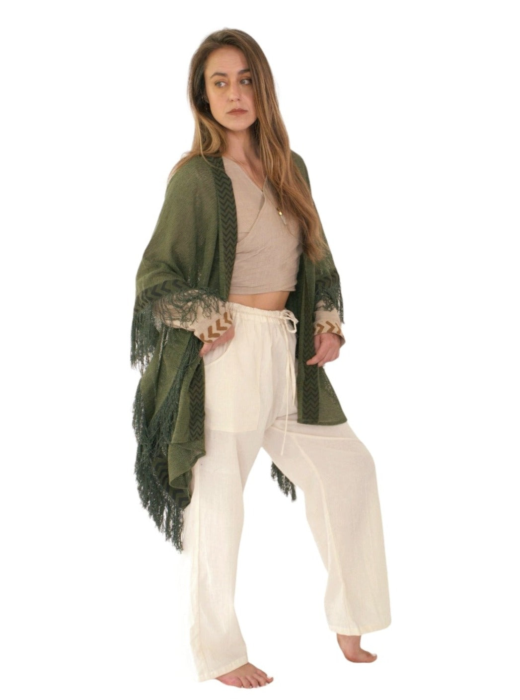 Forest Green Mesh Open Poncho with Fringe