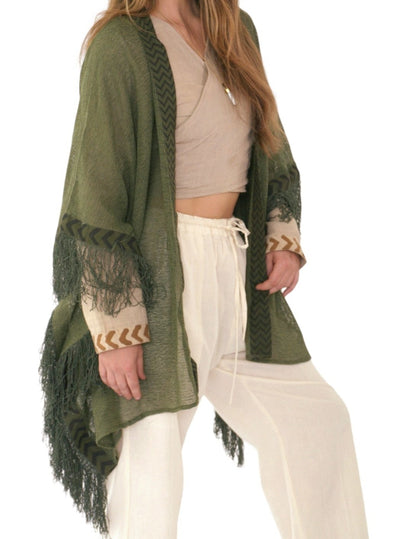 Forest Green Mesh Open Poncho with Fringe