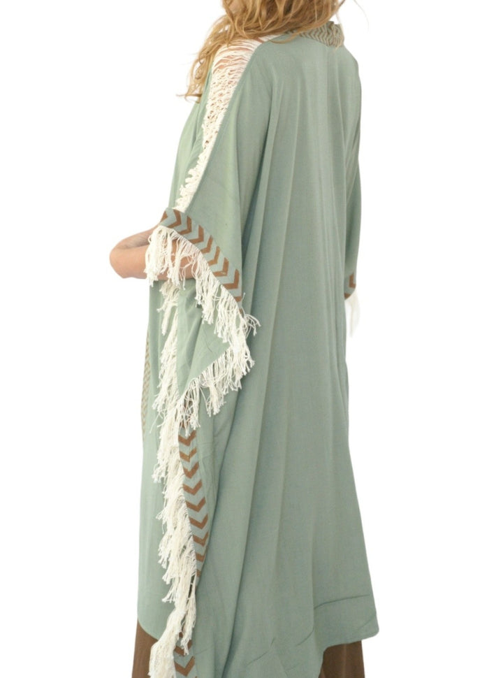 Green Sage Closed-Back Fringe Poncho