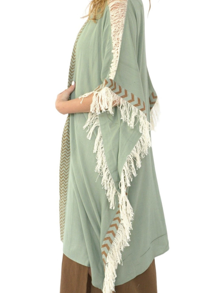 Green Sage Closed-Back Fringe Poncho