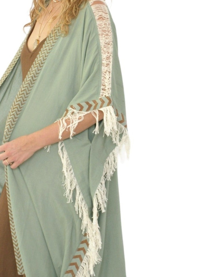 Green Sage Closed-Back Fringe Poncho