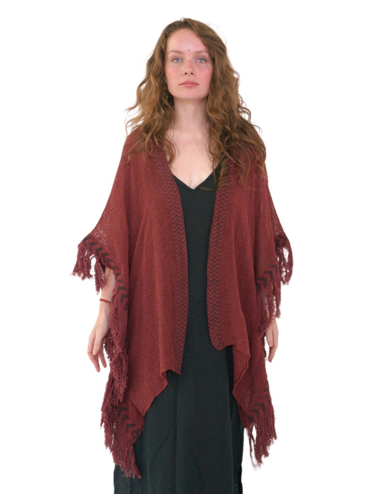 Maroon Mesh Open Poncho with Fringe