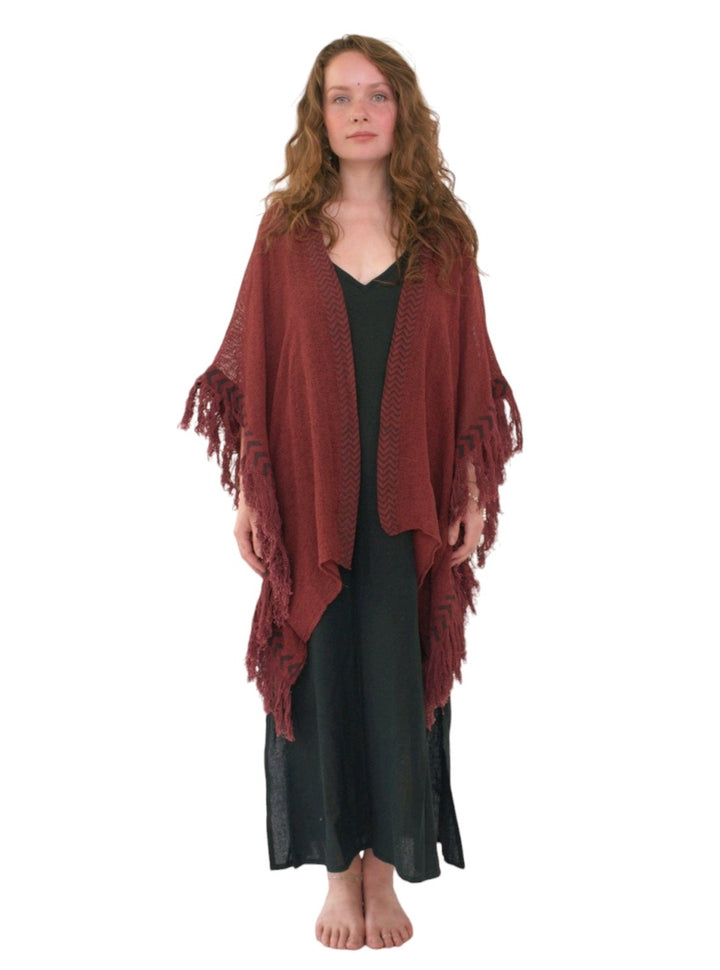 Maroon Mesh Open Poncho with Fringe