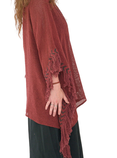 Maroon Mesh Open Poncho with Fringe