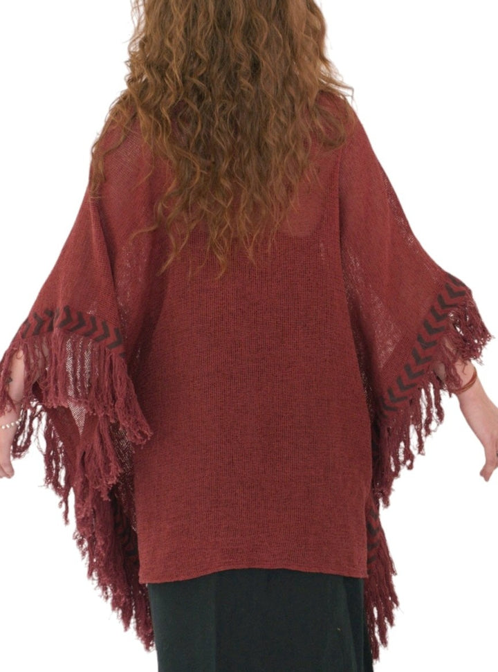 Maroon Mesh Open Poncho with Fringe