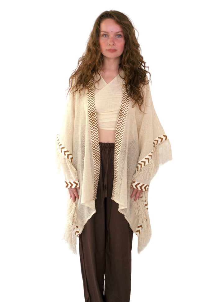 Cream Mesh Open Poncho with Fringe