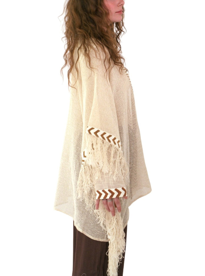 Cream Mesh Open Poncho with Fringe