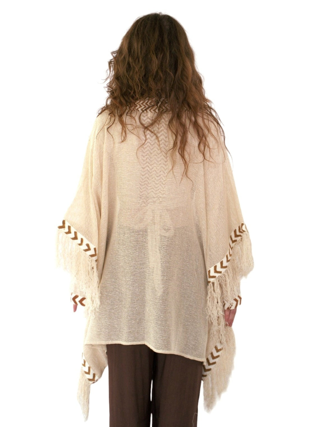 Cream Mesh Open Poncho with Fringe