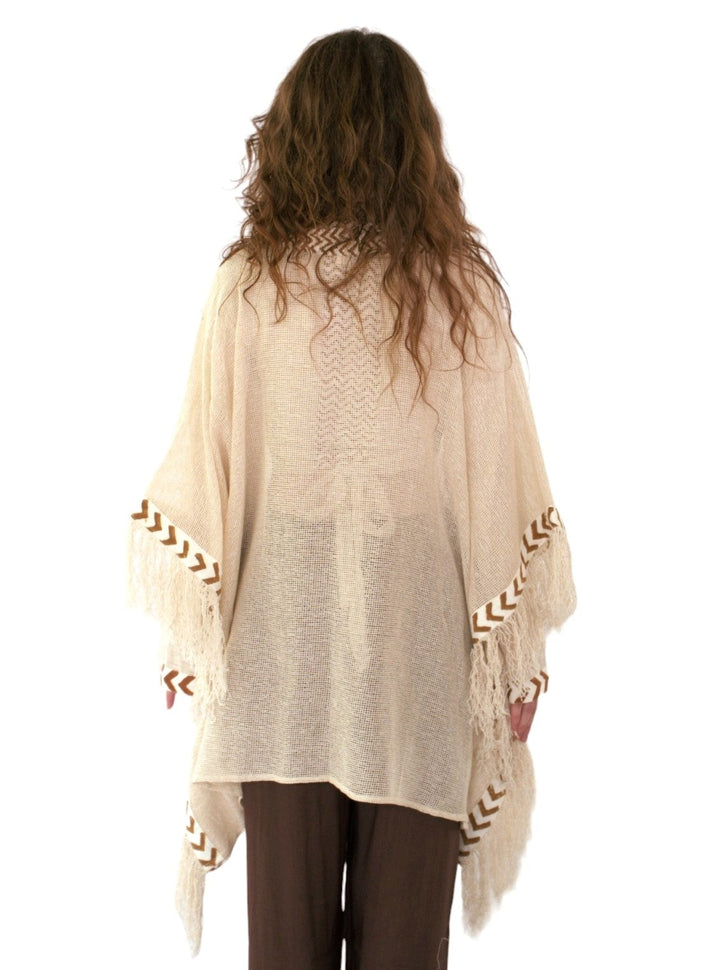 Cream Mesh Open Poncho with Fringe