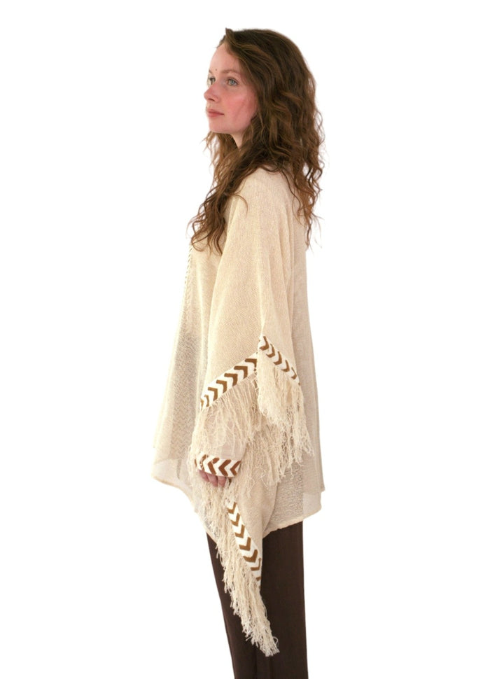 Cream Mesh Open Poncho with Fringe