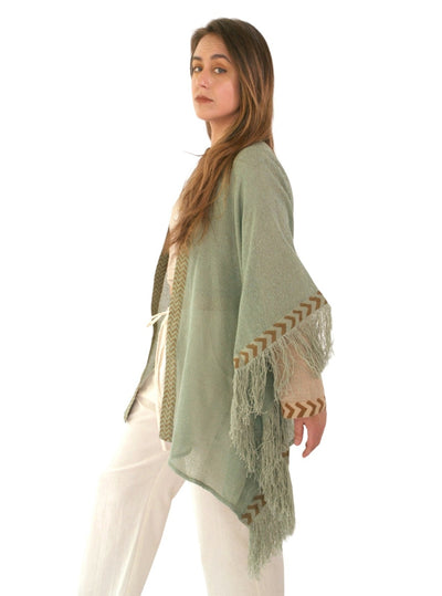 Green Sage Mesh Open Poncho with Fringe