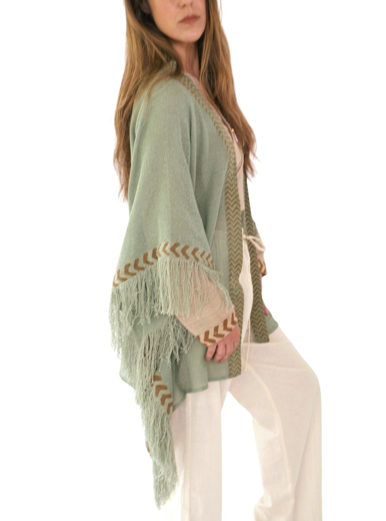 Green Sage Mesh Open Poncho with Fringe