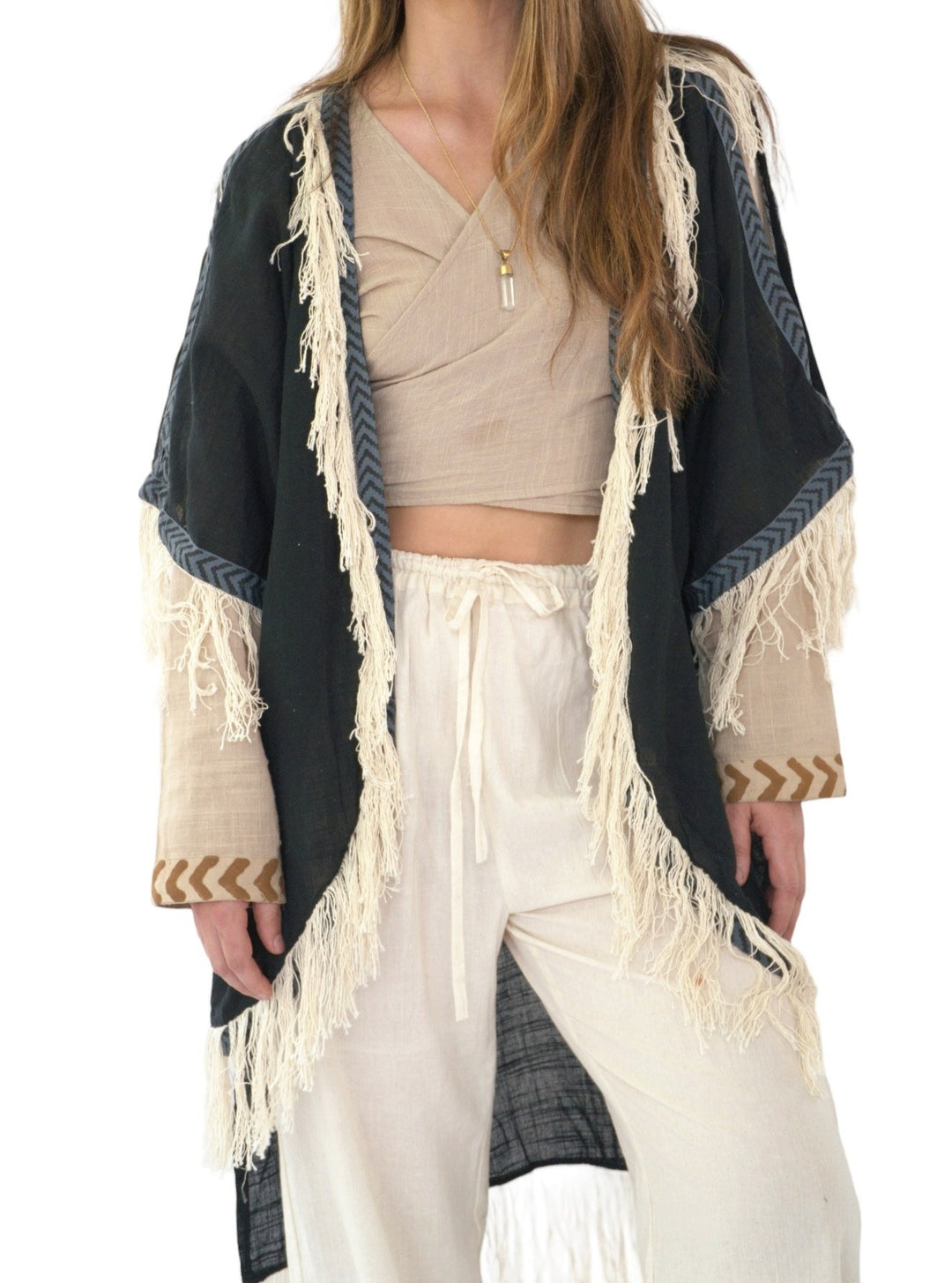 Black Organic Cotton Shrug with Fringe