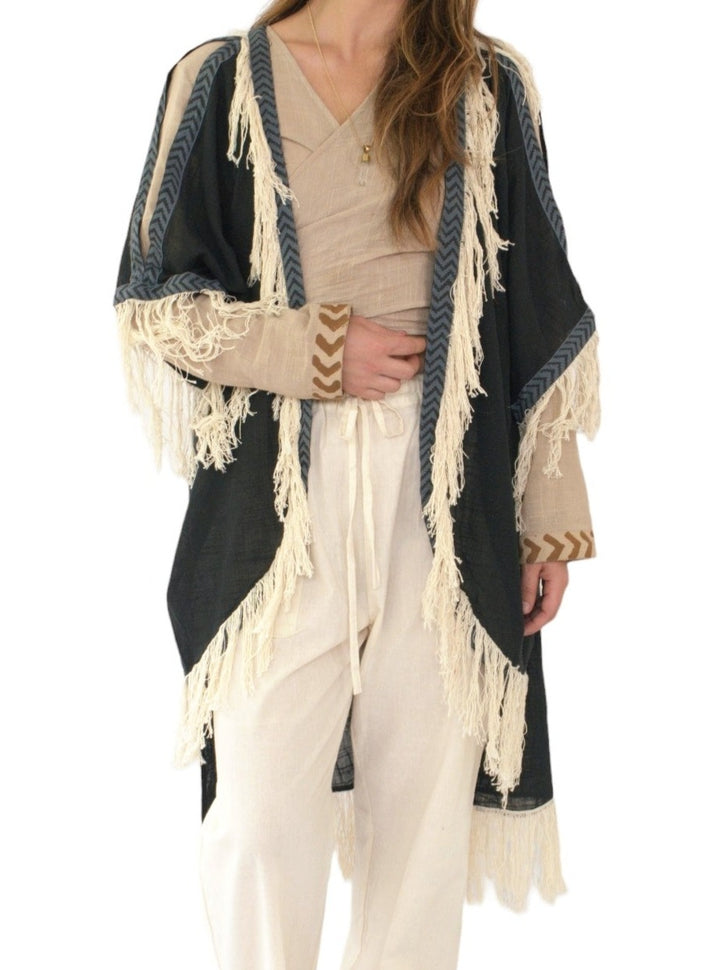 Black Organic Cotton Shrug with Fringe