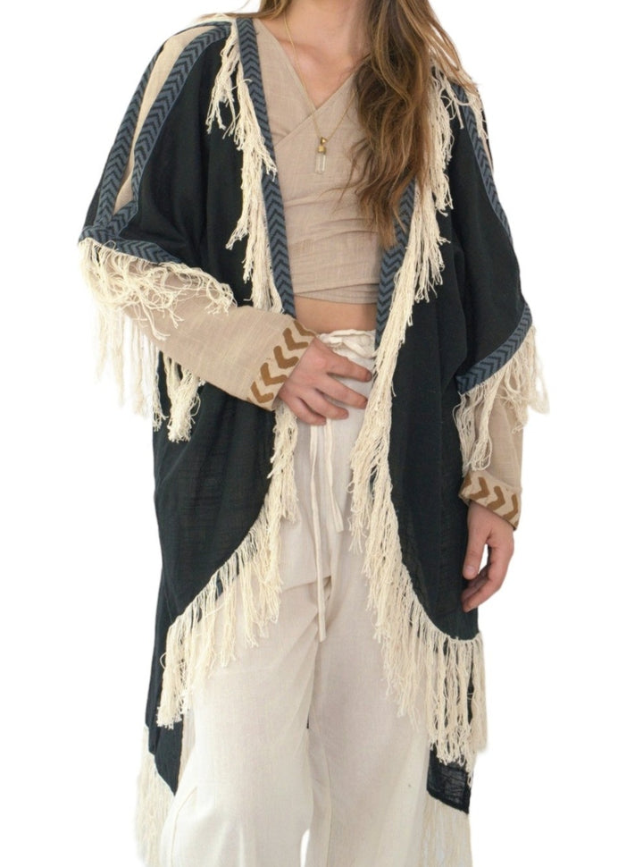 Black Organic Cotton Shrug with Fringe