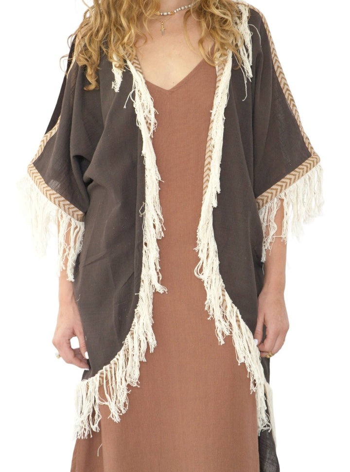 Cacao Organic Cotton Shrug with Fringe