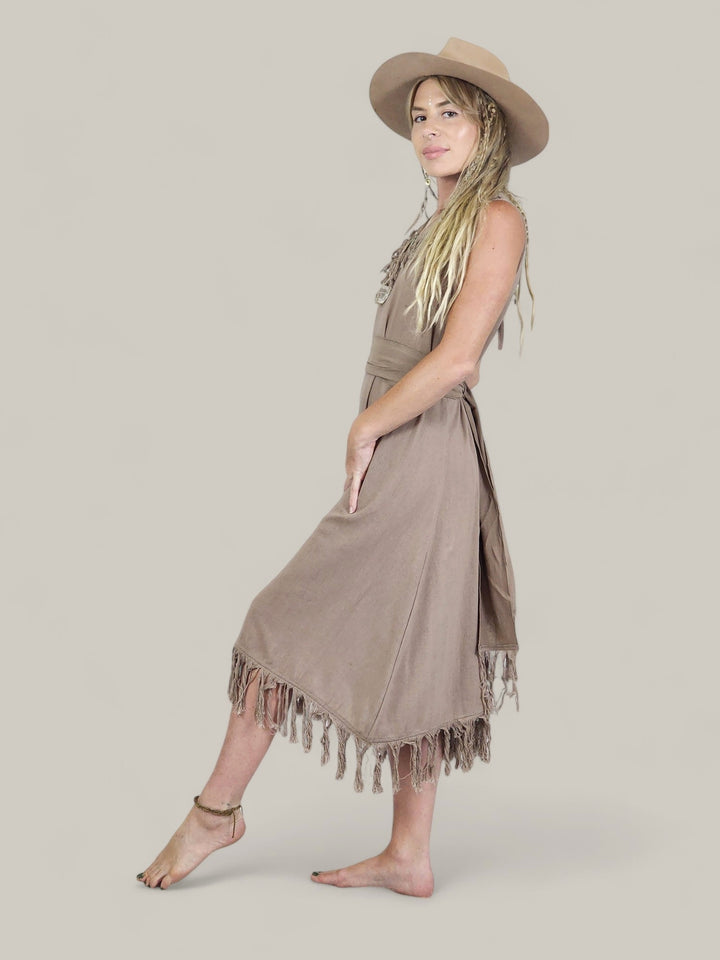 Organic Cotton Dusty Rose Fringe Dress (Open Back)