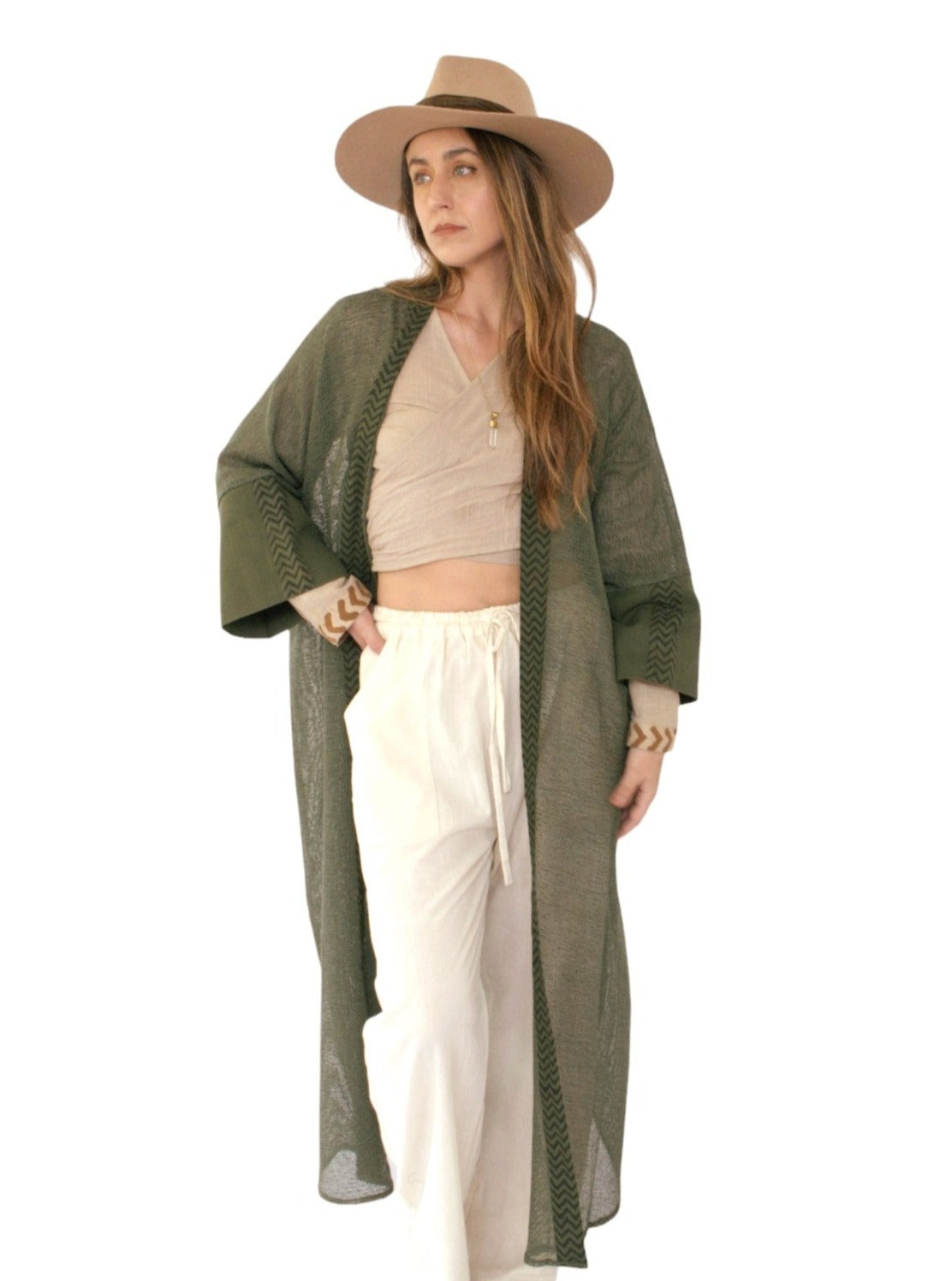 Forest Green Organic Cotton Mesh Long Kimono