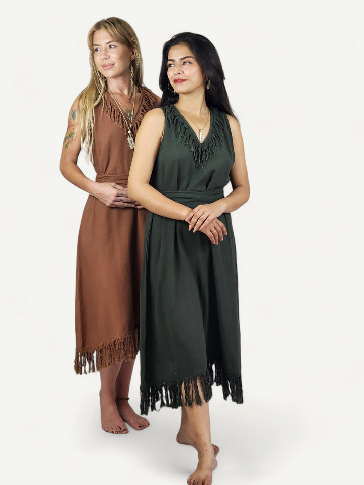 Organic Cotton Forest Green Fringe Dress (Open Back)