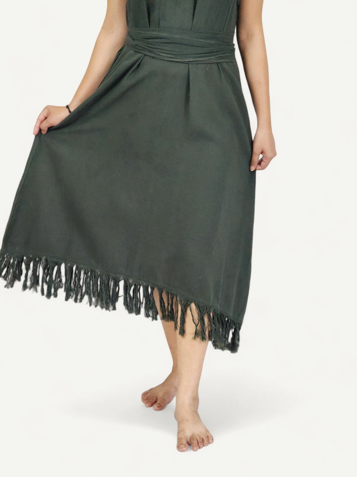 Organic Cotton Forest Green Fringe Dress (Open Back)