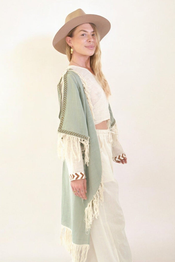 Green Sage Organic Cotton Shrug with Fringe