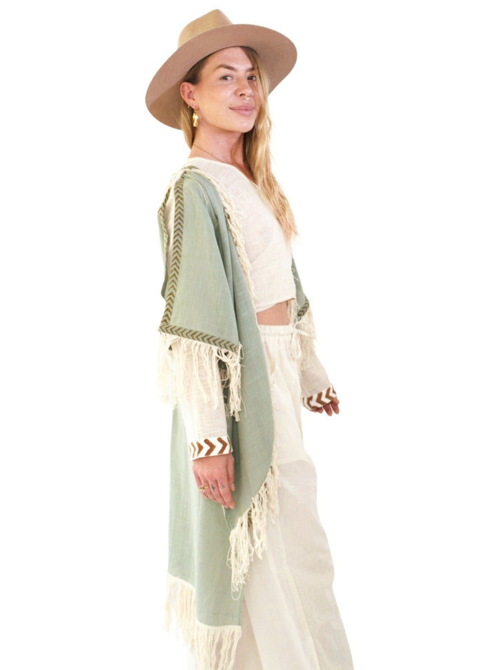 Green Sage Organic Cotton Shrug with Fringe