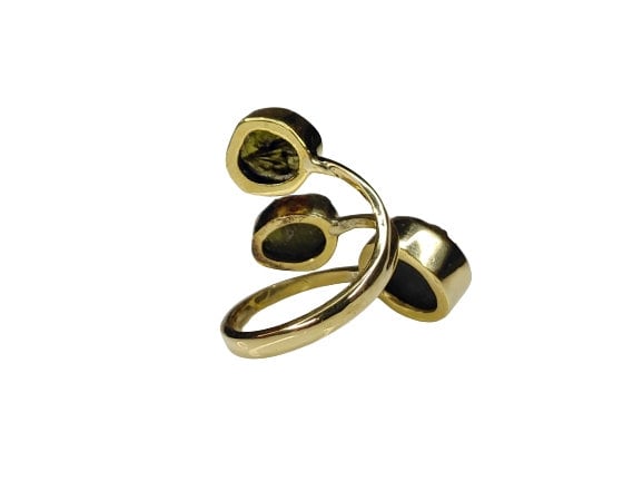 Certified Moldavite & Tibetan Tektite Adjustable Triple Spiral Stone Ring | 925 Sterling Silver, 18k Yellow/Rose Gold Plated