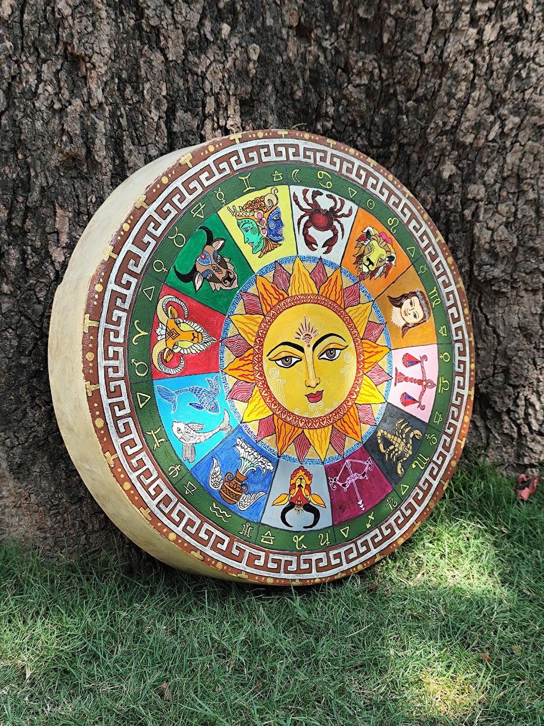 Hand Painted Sun and Zodiac Wheel Medicine Drum