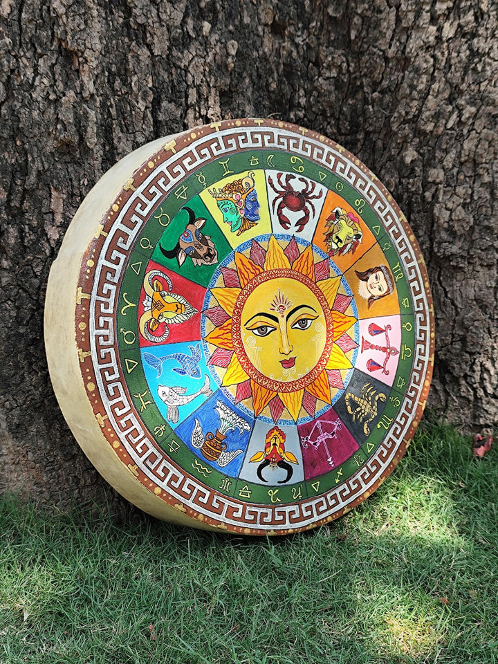 Hand Painted Sun and Zodiac Wheel Medicine Drum