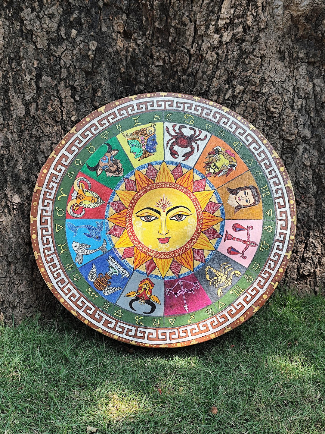 Hand Painted Sun and Zodiac Wheel Medicine Drum